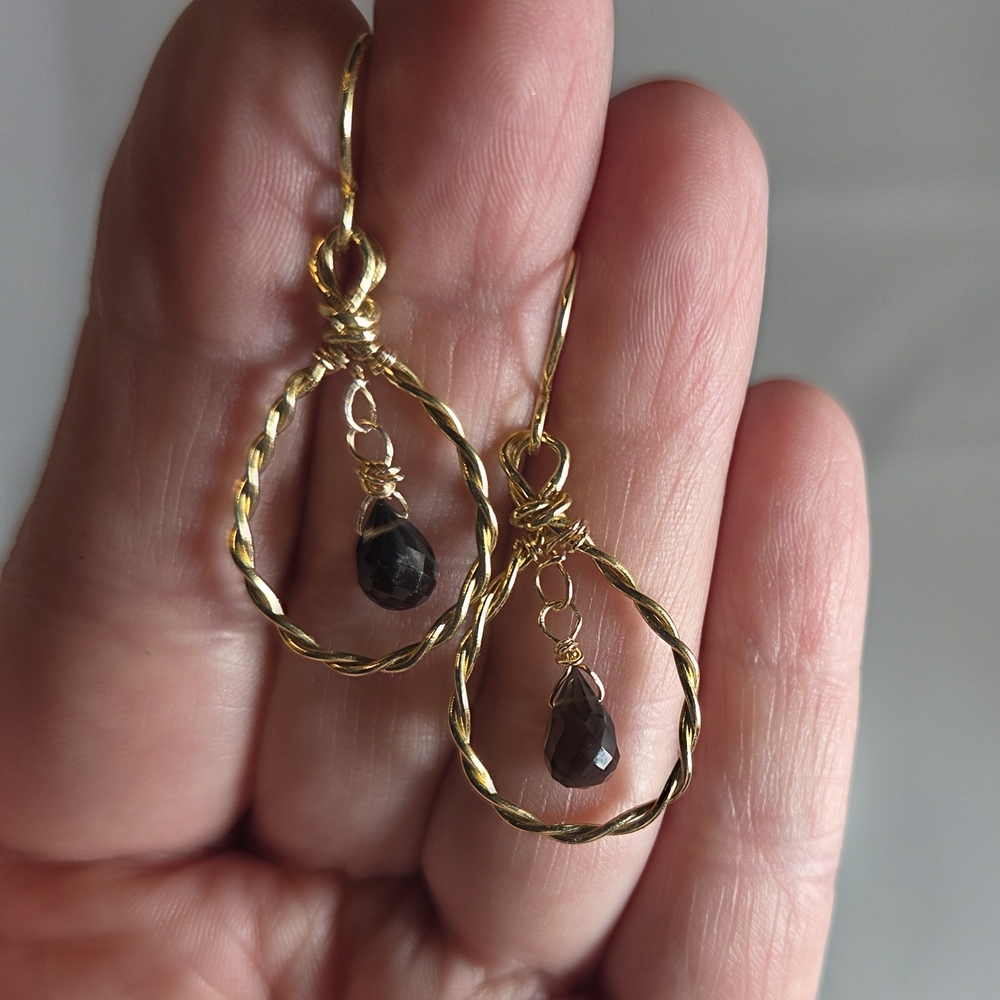 Brass Teardop Earrings With Smokey Quartz Briolettes